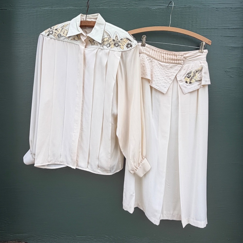Cedars Vintage 80s Power Silk Leather 2pc Set Cream Avant Garde Rare Womens 6